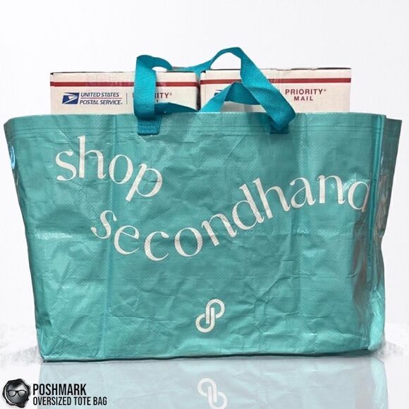 POSHMARK SHOP SECONDHAND OVERSIZED DOUBLE-HANDLE TOTE BAG IN TURQUOISE BLUE NEW - Picture 6 of 6